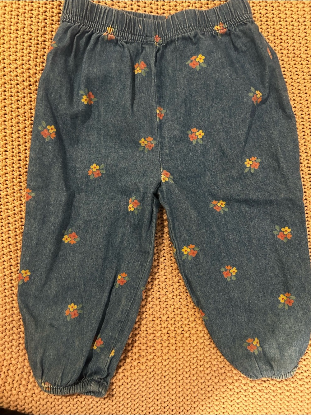 Mini Boden Baby Girls 12M Chambray Floral Pull-On Pants Blue Orange Flowers